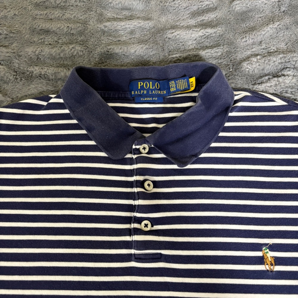Polo Ralph Lauren Mens XXL Classic Fit Navy Blue White Striped Short Sleeve Polo